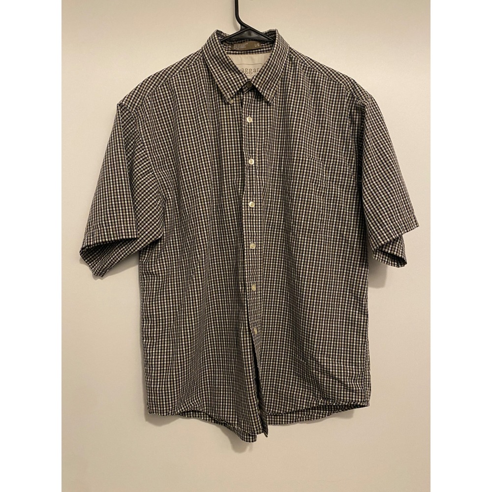 Haggar Generations Mens Large Gingham Check Short Sleeve Button Down‎ Shirt Blue